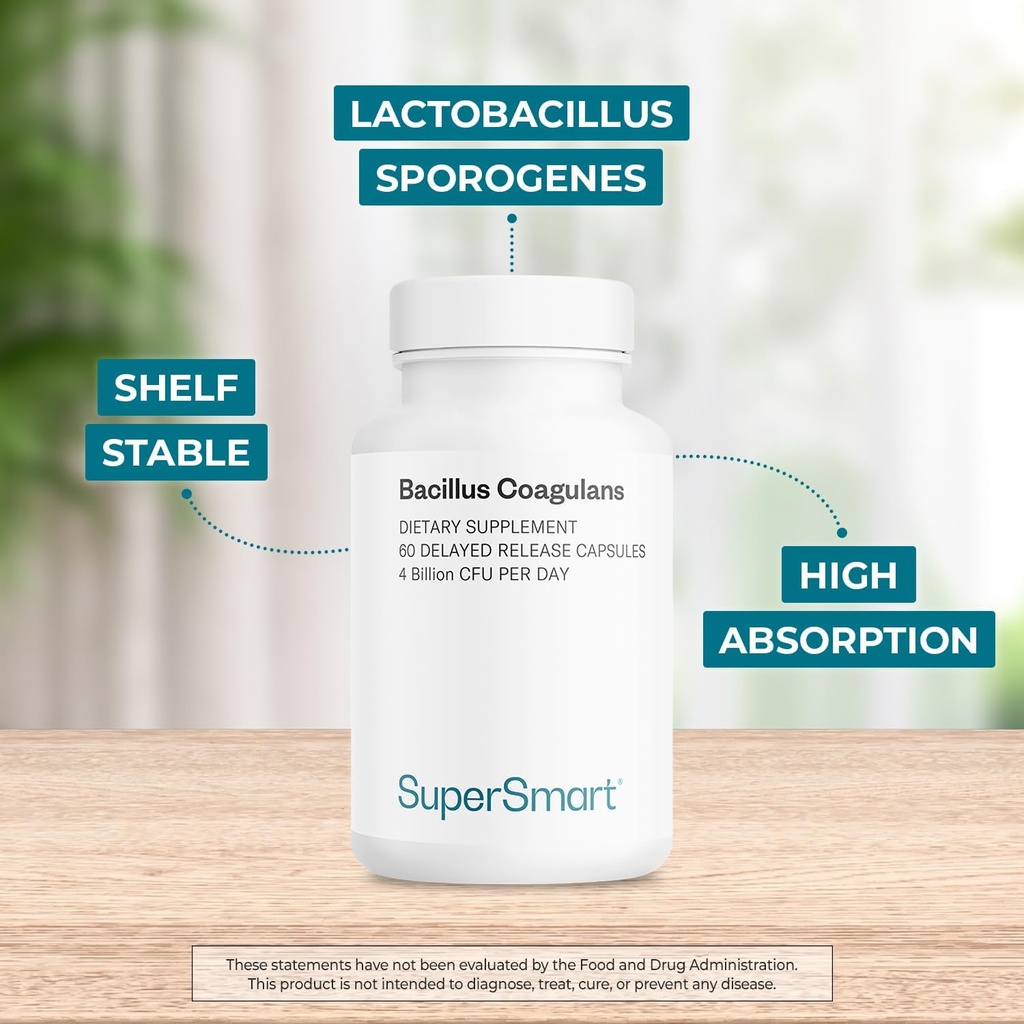 Supersmart Bacillus Coagulans Probiotic 4 Billion CFU per Day (High Absorption) - Lactobacillus Sporogenes Supplement | Non-GMO & Gluten Free - 60 Delayed Release Capsules 4