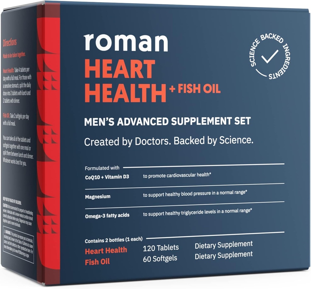 ROMAN Heart Health | Men's Daily Nutritional Supplement for Cardiovascular Support, Features Magnesium, Vitamins K + D3, CoQ10, and Spirulina | 30-Day Supply (120 Tablets + 60 Fish Oil Softgels) 2