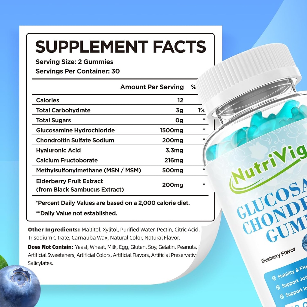 Glucosamine Chondroitin Gummies, Extra Strength Joint Support Supplement with MSM & Elderberry, Joint Support Supplement for Adults, Men & Women, Blueberry Flavor, 60 Count 3