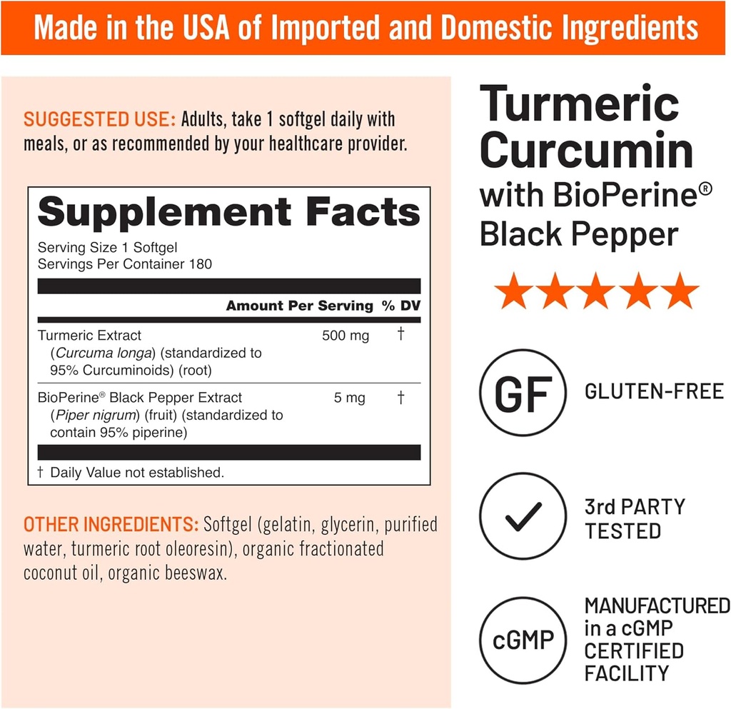 NatureWise Turmeric Curcumin 500mg with Black Pepper Softgels - Extra Strength, Enhanced Absorption - 95% Curcuminoids & BioPerine for Immune Support - Gluten-Free, Non-GMO - 180 Count[6-Month Supply] 5