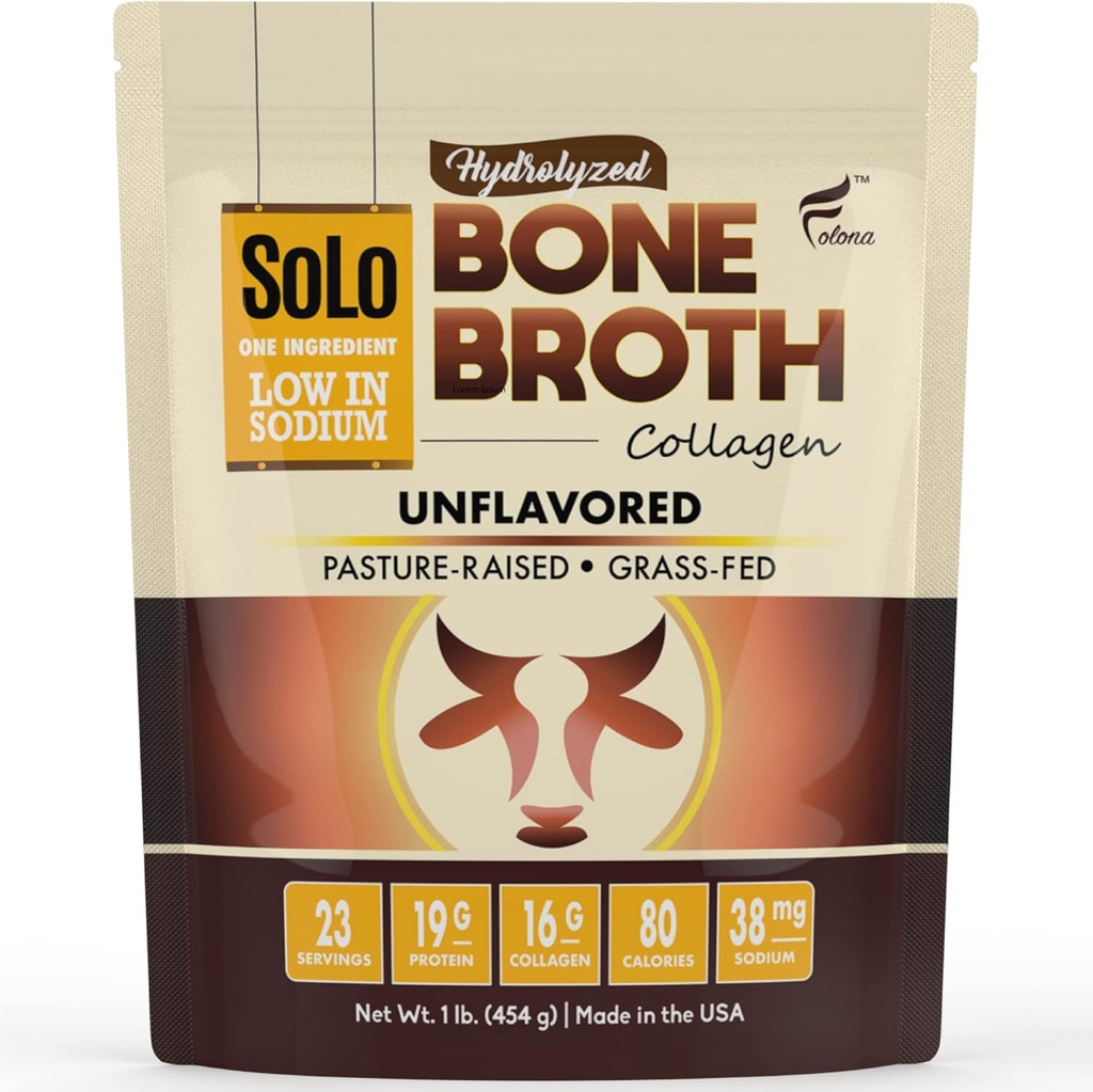 Solo Bone Broth Protein Collagen Powder Low Sodium, 16g Hydrolyzed Collagen Type I & III, for Healthy Skin, Nails, Hair, Joints & Digestion, Grass Fed, 1 lb (Bag - Net Wt. 1 lb. Powder) 2