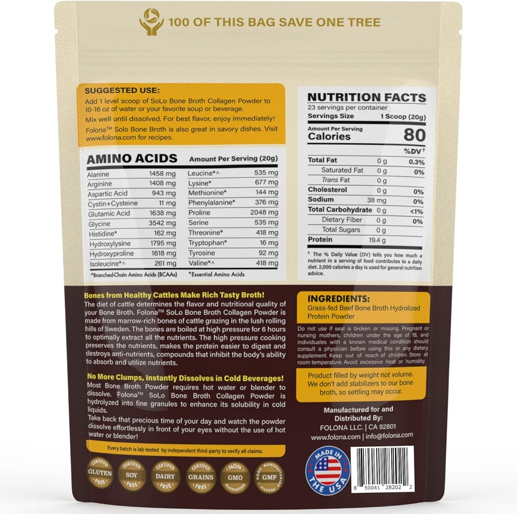 Solo Bone Broth Protein Collagen Powder Low Sodium, 16g Hydrolyzed Collagen Type I & III, for Healthy Skin, Nails, Hair, Joints & Digestion, Grass Fed, 1 lb (Bag - Net Wt. 1 lb. Powder) 3