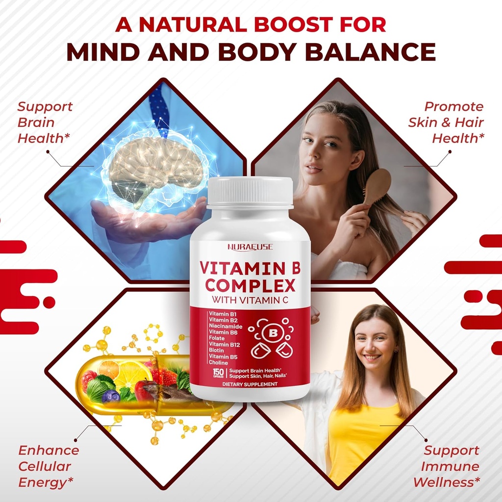 Vitamin B Complex Vitamin B1, B2, 6,9,12 Niacin, with Vitamin C - Support Brain Health, Energy Levels, Skin, Hair, and Nails - Made and Tested in The USA 5