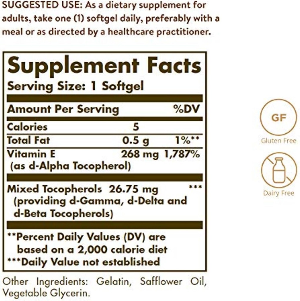Solgar Vitamin E 268 MG (400 IU) (d-Alpha Tocopherol & Mixed Tocopherols), 100 Softgels - Supports Immune System & Skin Nutrition - Natural Antioxidant - Gluten Free, Dairy Free - 100 Servings 3
