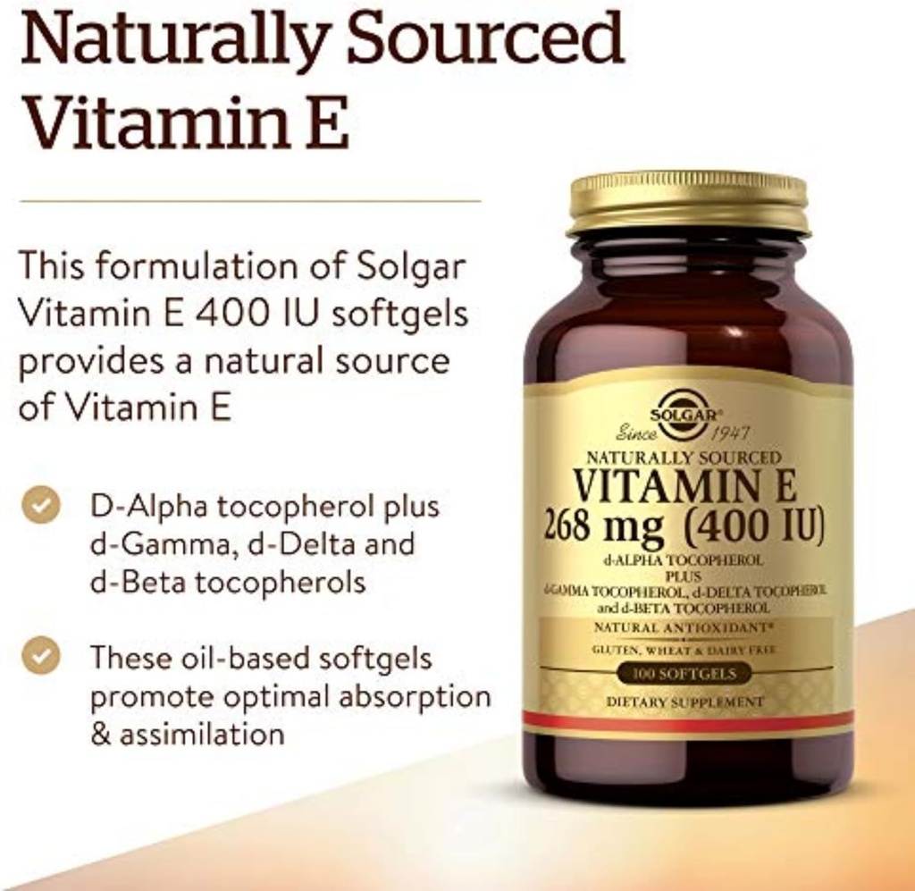 Solgar Vitamin E 268 MG (400 IU) (d-Alpha Tocopherol & Mixed Tocopherols), 100 Softgels - Supports Immune System & Skin Nutrition - Natural Antioxidant - Gluten Free, Dairy Free - 100 Servings 4
