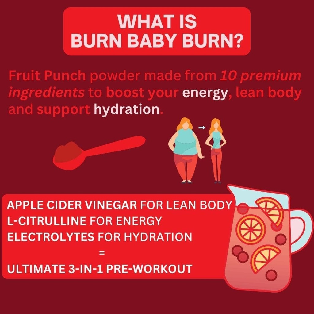 Peach Perfect Burn Baby Burn Pre Workout Powder for Women, Fruit Punch, for Energy, with Electrolytes, Apple Cider Vinegar, Natural Caffeine Green Tea, & L Carnitine, Energy Drink Powder, 30 Servings 5