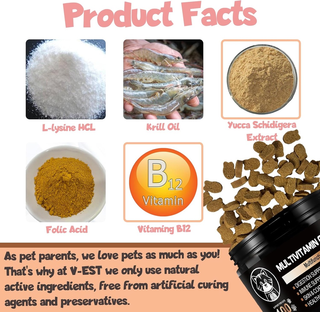 V-EST Cat Multivitamin Multifuncional– Supports Immune System, Joint Health & Skin Wellness – Healthy Treat for Indoor Cats –Easy-to-Chew Tablets – Vitamins for Cats 4