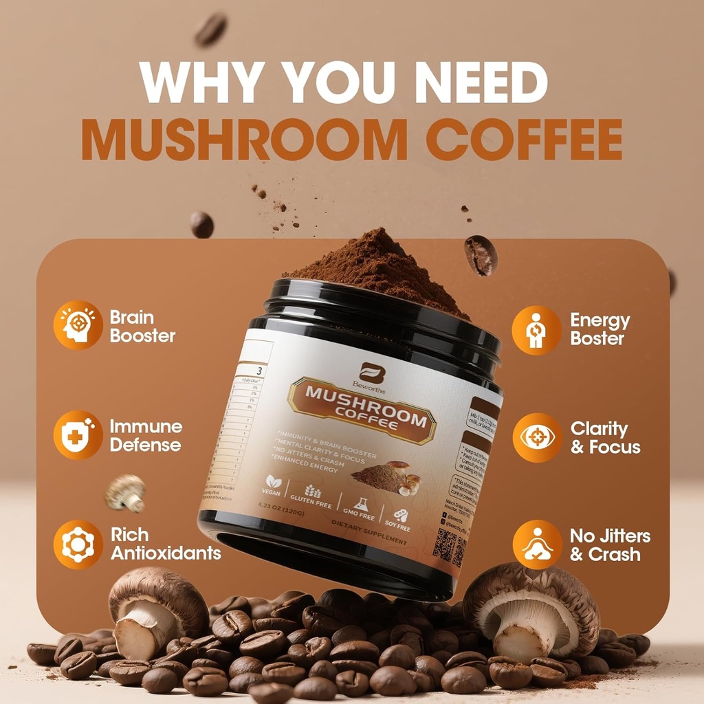 Mushroom Coffee - Lions Mane Mushroom Powder Instant Coffee with Lion's Mane, Reishi, Chaga, Cordyceps, and Turkey Tail - Mushroom Coffe Alternative for Energy, Mental Clarity & Focus, Brain Booster 4