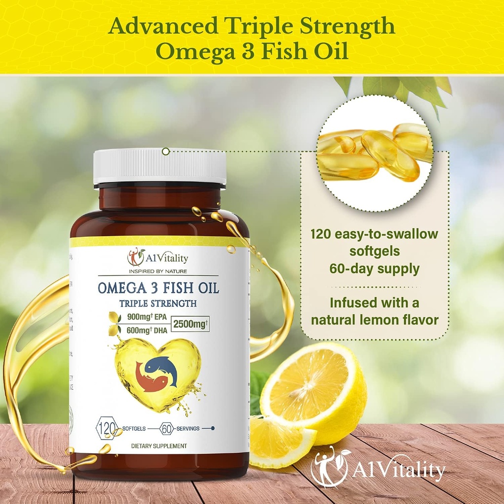 Omega 3 Triple Strength EPA DHA Supplement - 2500mg Lemon Flavored Burpless Fish Oil - High Potency 900mg EPA 600mg DHA Supports Circulation, Brain, Heart, Eye, Skin, Bone & Joints - 120 Softgels 5