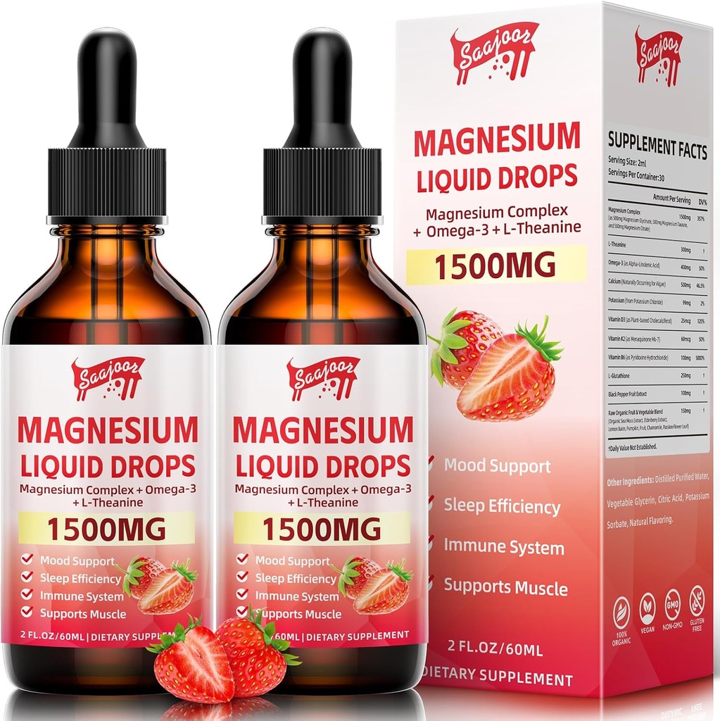 2 Pack Magnesium Glycinate Liquid Drops, 1500mg Magnesium Liquid Supplement with Vitamin B6, D3, L - Theanine, Omega3,Support Night, Muscle, Bone, Mood, Strawberry Flavor - 4 Fl Oz (120ml) Bottle 2