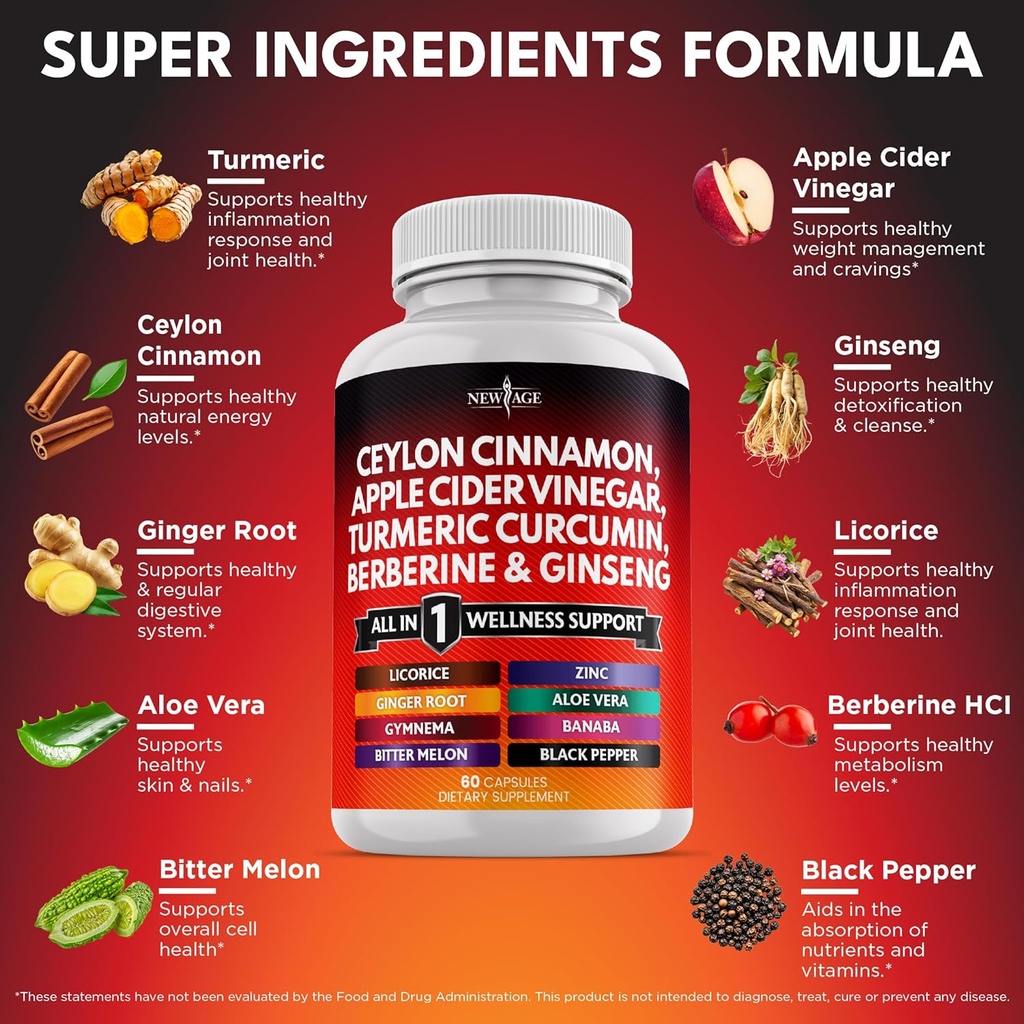 Ceylon Cinnamon, Turmeric, Apple Cider Vinegar, Ginseng, Aloe Vera, Berberine Plus Banaba, Ginger Root - 180 Count 3