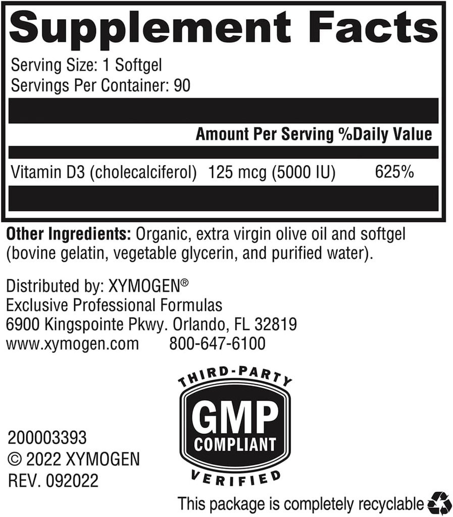 XYMOGEN D3 5000 - Bioavailable Vitamin D3 5000 IU (125 mcg) - High Potency Vitamin D Supplement to Support Immune Health, Bone + Heart Health (90 Gelatin Softgels) 4