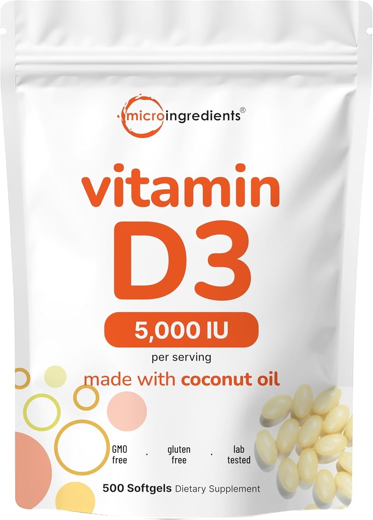 Micro Ingredients Vitamin D3 5,000 IU, 500 Softgels | Virgin Coconut Oil | Cholecalciferol Form | Bone, Immune & Heart Support | Easy to Swallow, Non-GMO 2