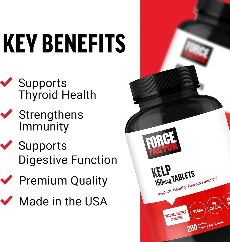 FORCE FACTOR Kelp for Iodine from Organic Kelp to Support Thyroid Health, Strengthen Immunity, and Digestion, Vegan, No Gelatin, Non-GMO 150mcg, 200 Tablets 3