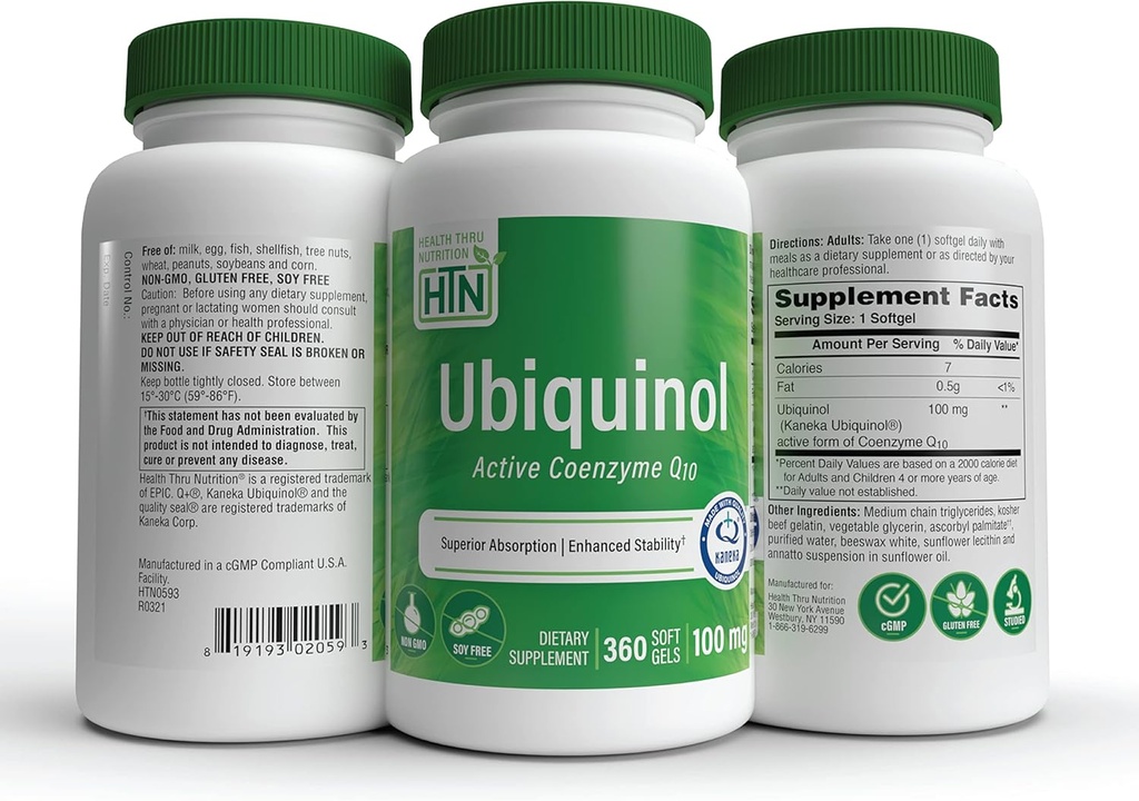 Health Thru Nutrition Ubiquinol 100mg 360 Softgels as Kaneka QH Reduced CoQ-10 | Stabilized - 3rd Party Tested | Enhanced Bioavailability | Cardiovascular & Mitochondria Function Support | Non-GMO 6