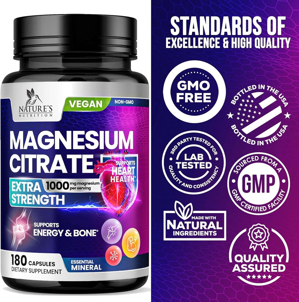 Magnesium Citrate Supplement Pills 1000mg - 3X Strength Magnesium Supplements for Bone, Muscle, Heart, Nature's Sleep Support for Men & Women, Vegan Mag Mineral, Non-GMO, Bottled in USA, 180 Capsules 5