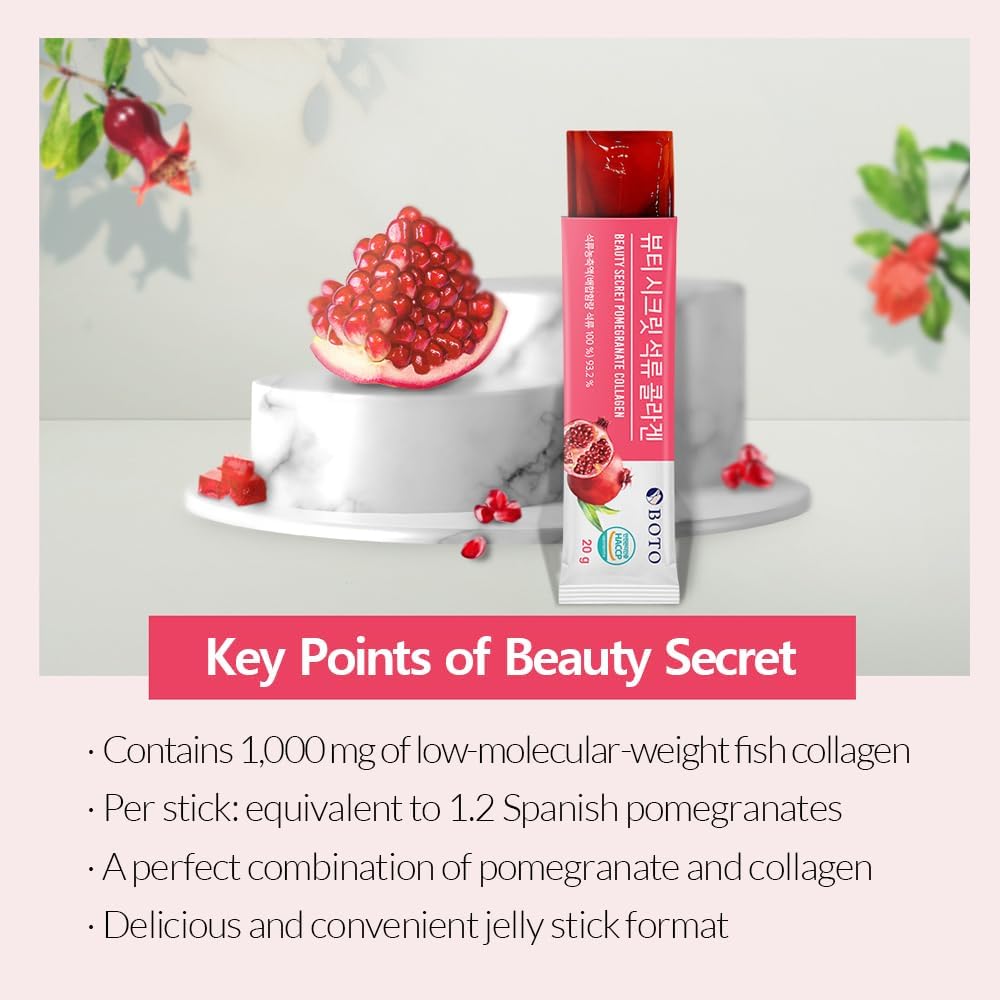 BOTO Beauty Secret Pomegranate Collagen 20g - Korean Beauty Collagen Jelly Stick, Low Molecular Fish Collagen, Pomegranate Flavored - Packs of 15 3