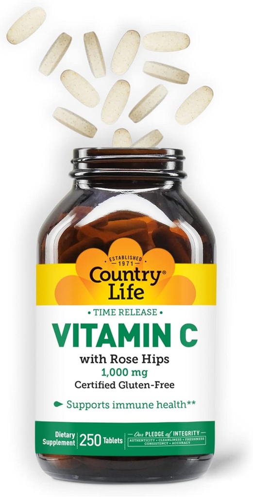 Country Life Time Release Vitamin C with Rose Hips, Supports Immune Health, 1,000mg, 250 Tablets, Certified Gluten Free, Certified Vegan 4