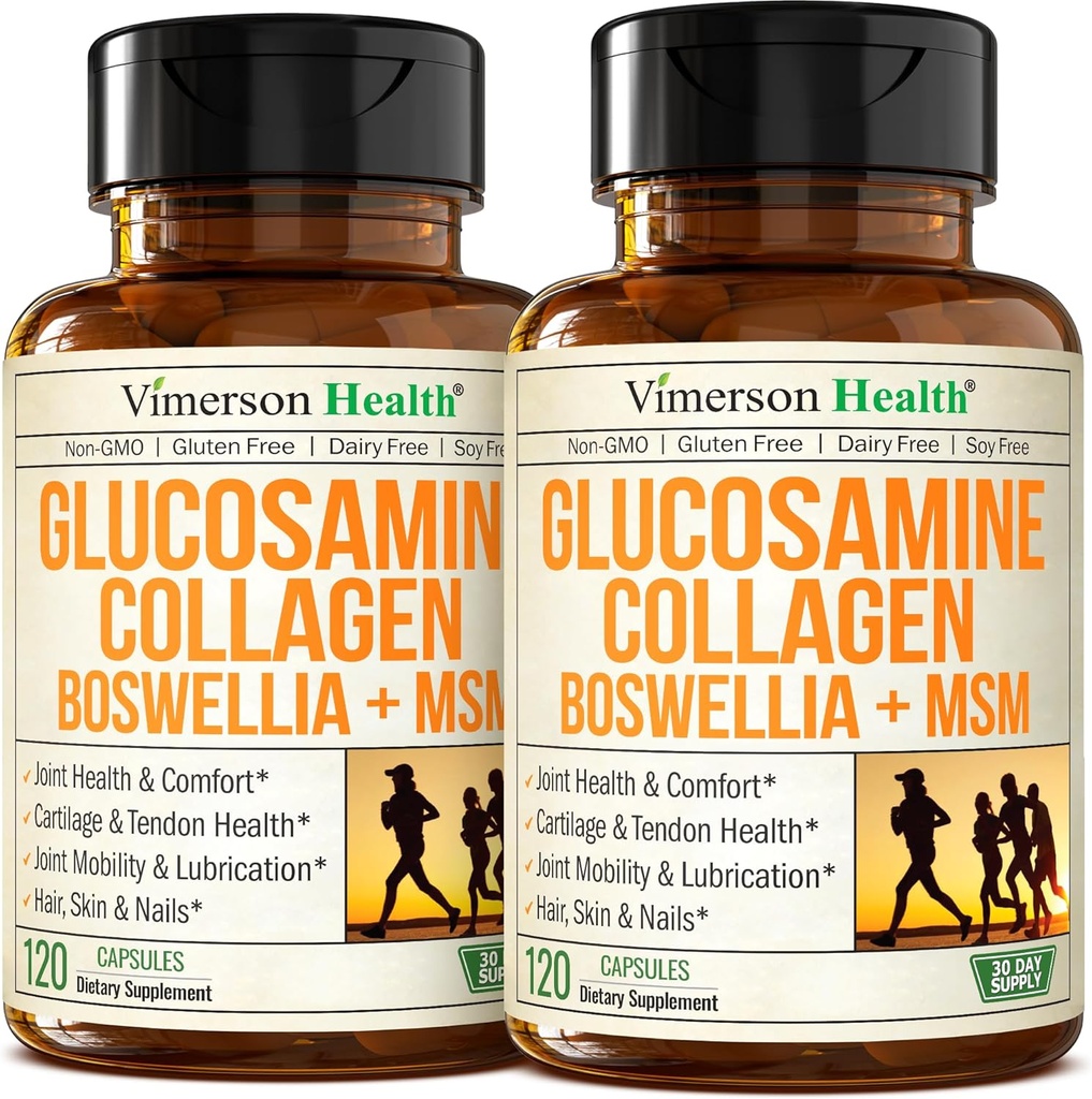 Glucosamine Chondroitin MSM with Hydrolyzed Collagen Peptides - Joint Support Supplement with Quercetin, Bromelain & Boswellia Extract - Collagen pills for Hair Skin Nails - FSA Eligible 2 Pack 2