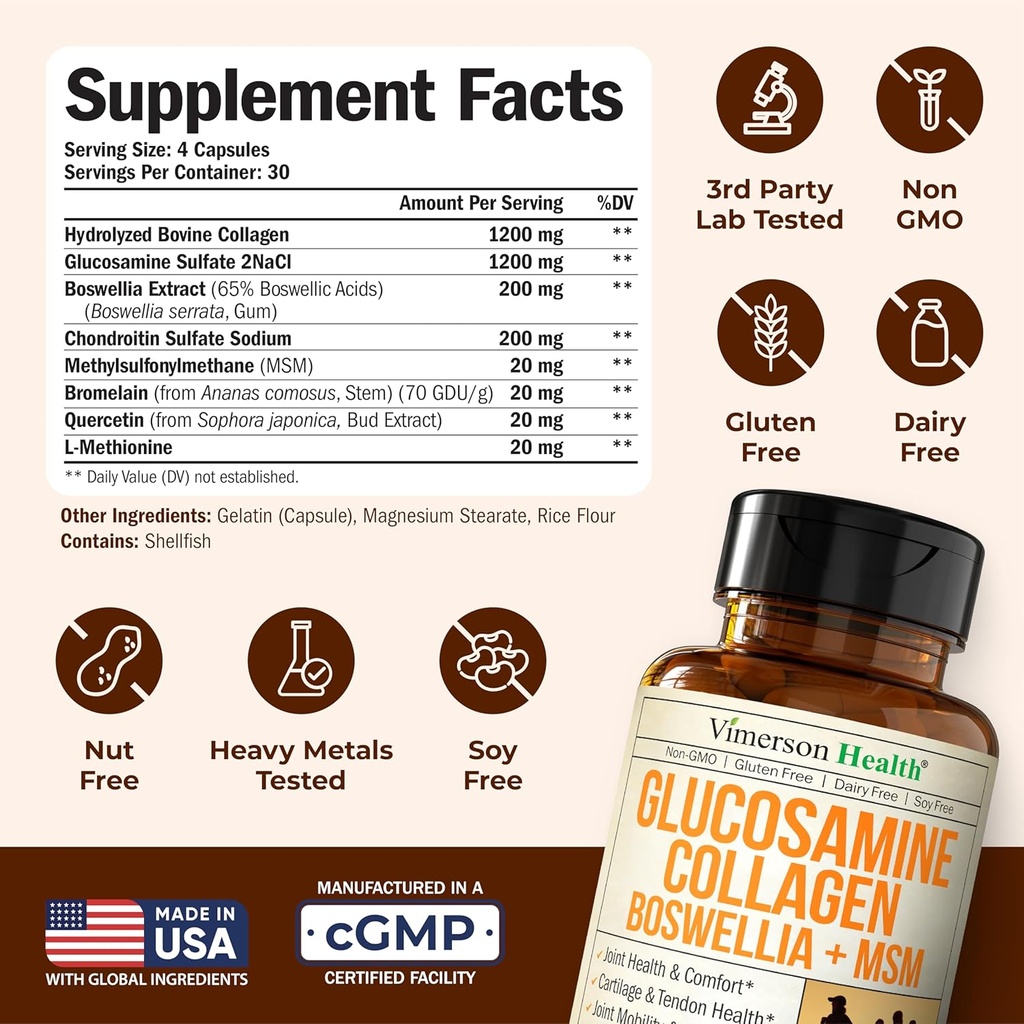 Glucosamine Chondroitin MSM with Hydrolyzed Collagen Peptides - Joint Support Supplement with Quercetin, Bromelain & Boswellia Extract - Collagen pills for Hair Skin Nails - FSA Eligible 2 Pack 4