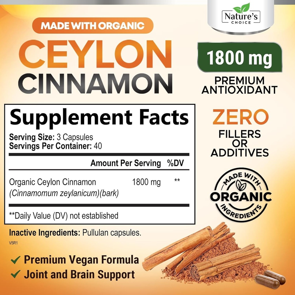 Ceylon Cinnamon Capsules 1800mg - Certified Organic Cinnamon, Bottled in USA, & Pure Extra Strength Ceylon Cinnamon Supplement, Antioxidant Pills, Non-GMO & Gluten Free, Sugar Free - 120 Capsules 3