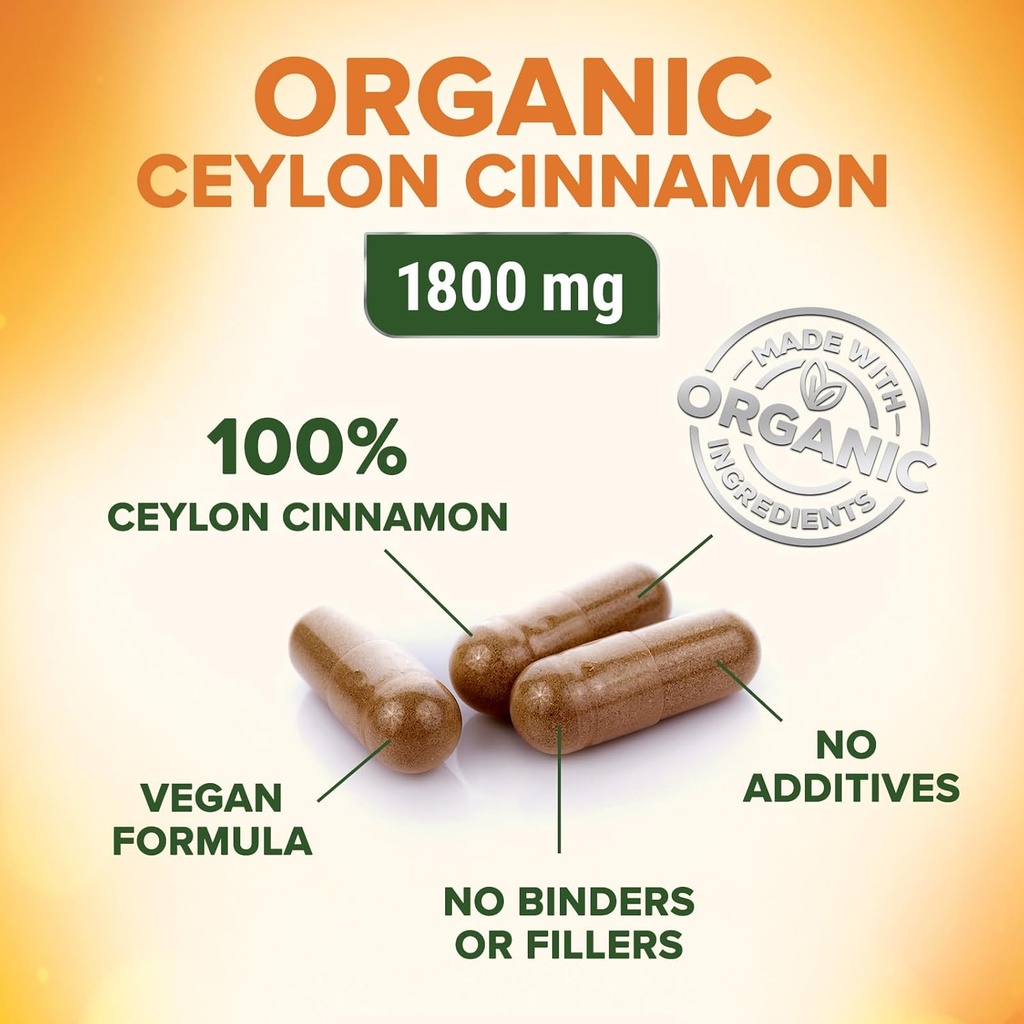 Ceylon Cinnamon Capsules 1800mg - Certified Organic Cinnamon, Bottled in USA, & Pure Extra Strength Ceylon Cinnamon Supplement, Antioxidant Pills, Non-GMO & Gluten Free, Sugar Free - 120 Capsules 4