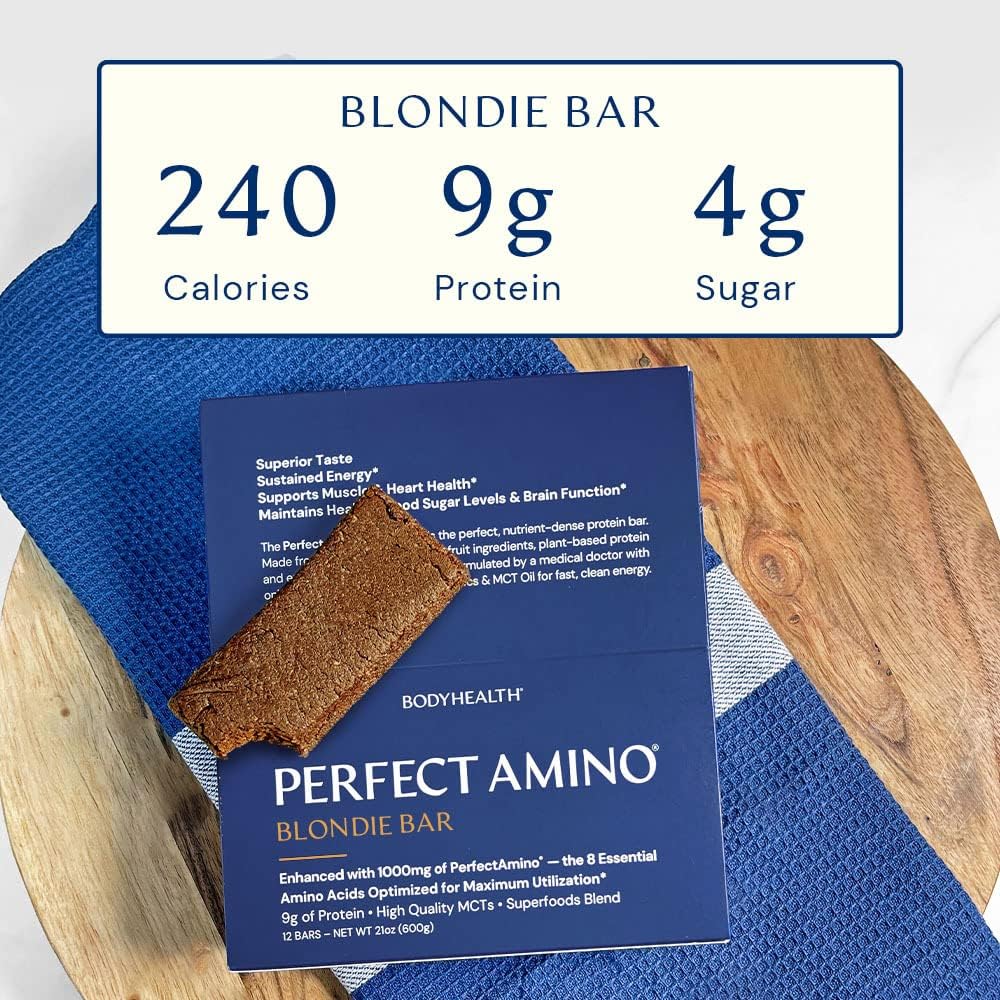 BodyHealth PerfectAmino Bar Protein Energy Snack with 10g of Protein, Plant Based MCT's, Superfood Blend, Kosher, (Blondie, 12 Pack) 4
