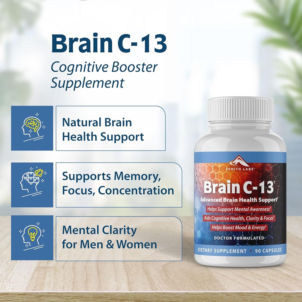 Brain C-13 Cognitive Booster Supplement by Zenith Labs - Natural Brain Health Support - Supports Memory, Focus, Concentration - Mental Clarity for Men Women 4