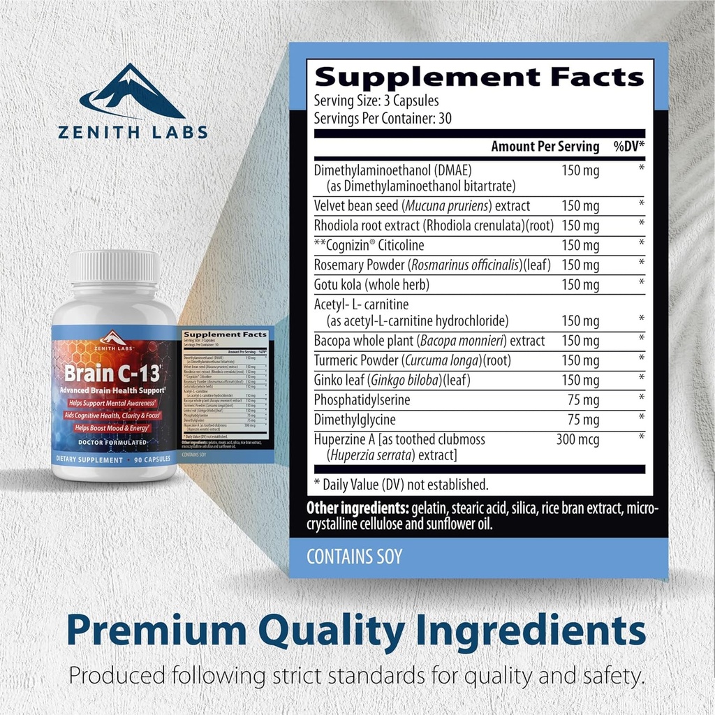 Brain C-13 Cognitive Booster Supplement by Zenith Labs - Natural Brain Health Support - Supports Memory, Focus, Concentration - Mental Clarity for Men Women 5