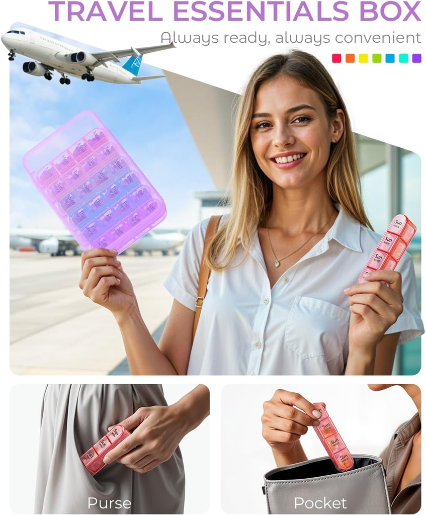 Odaro Weekly Pill Organizer 4 Times a Day, Daily Pill Box 7 Day, Large Travel Pill Case with 28 Compartment to Hold Medicine, Vitamin and Supplement - Purple Case 3