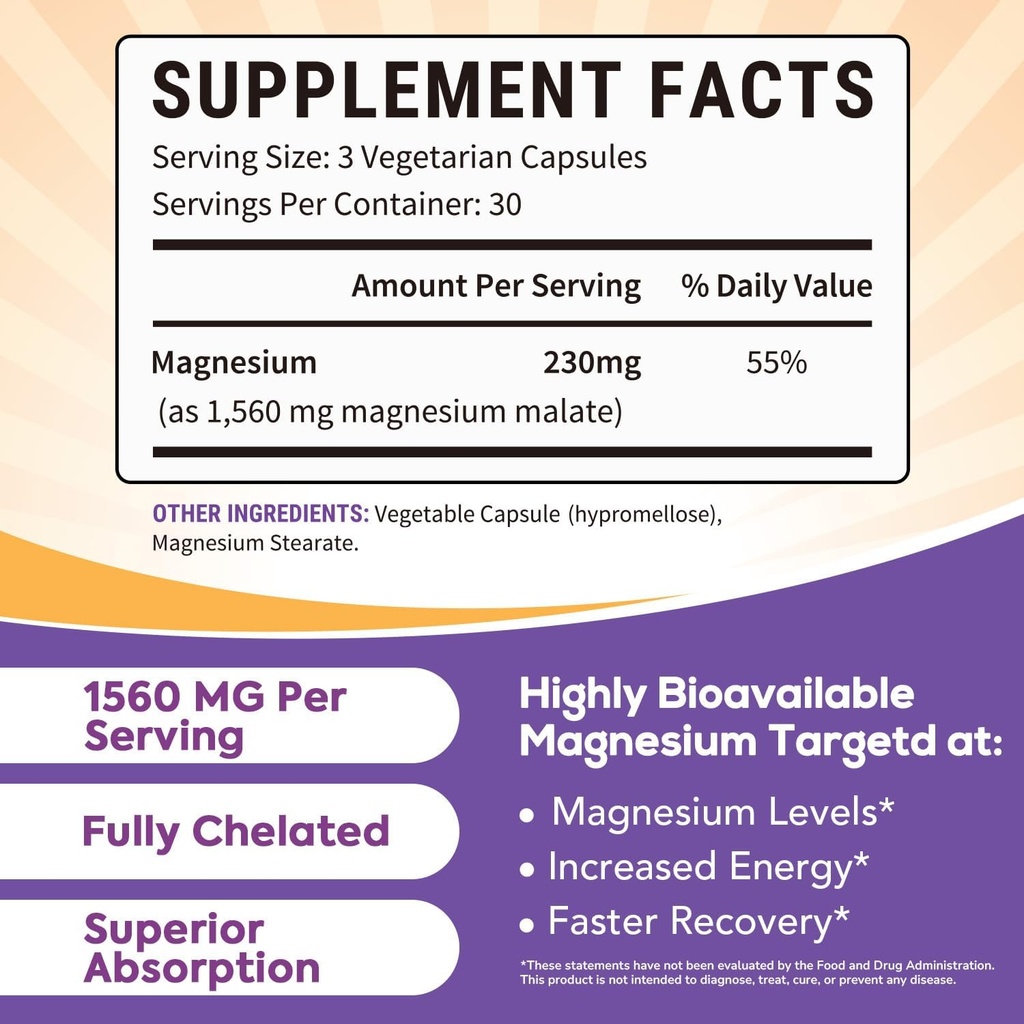 Magnesium Malate Capsules 410mg, Magnesium Supplement, Chelated, High Absorption, Energy Production & Contraction Support, Mineral for Children, Teenagers, and Adults, 90 Vegan Capsules 3