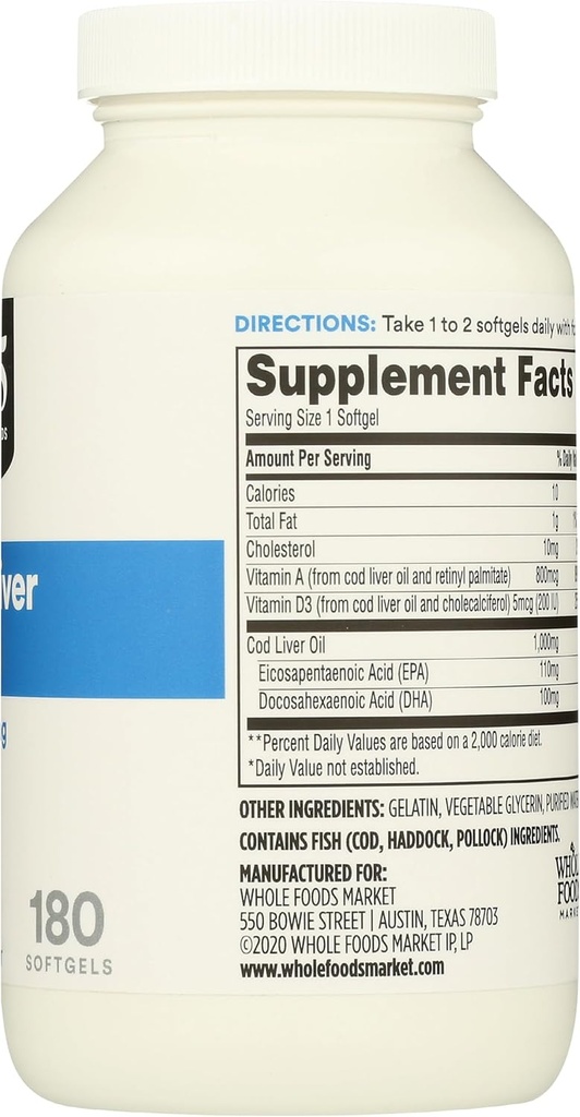 365 by Whole Foods Market, Cod Liver Oil Norwegian 1000Mg, 180 Softgels 6
