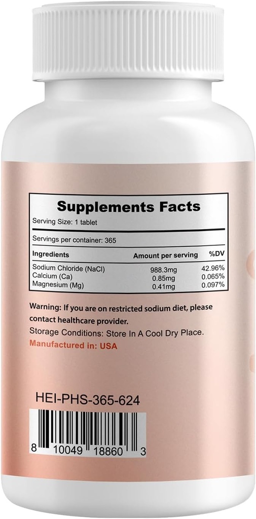 Heivy Pink Himalayan Salt Tablets 1000mg - Sodium Chloride 988mg, Non-GMO, Mineral-Rich Electrolyte Balance and Hydration, 365 Salt Tablets-Eectrolyte Supplement 3