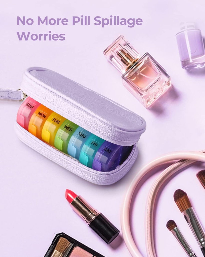 Cute Pill Organizer 2 Times a Day, PU Leather Pill Case for Women, Portable Weekly Pill Box for Purse with Storage Bag to Hold Vitamins, Medications, Fish Oils, Supplements (Purple) 3