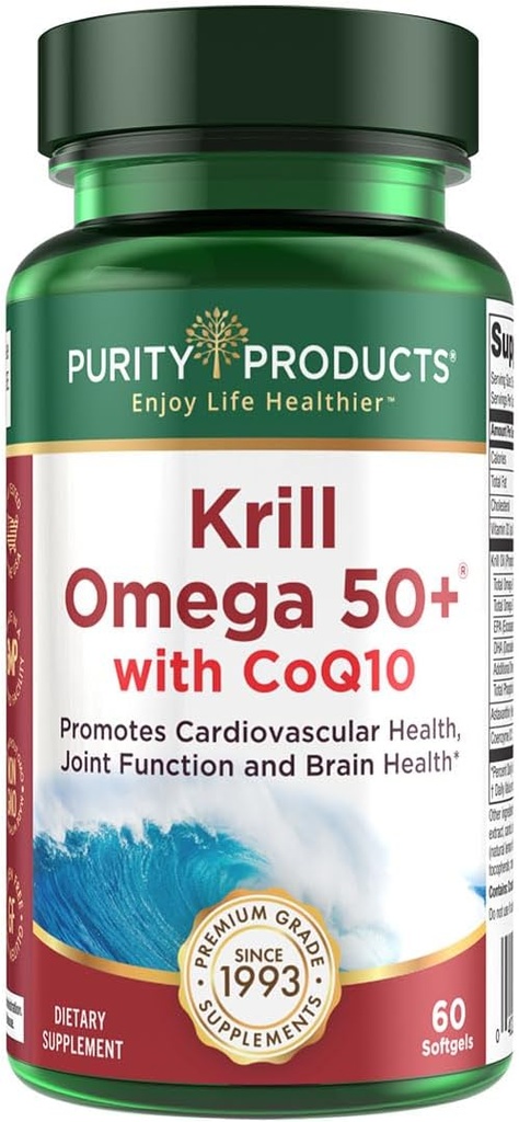 Krill Omega 50 Plus w/ CoQ10 from Purity Products - 1300mg Krill Oil and Fish Oil Blend - 100mg CoQ10 - 500mg Natural Astaxanthin - Support for Joint, Brain Health and more - 60 Mini Softgels 2