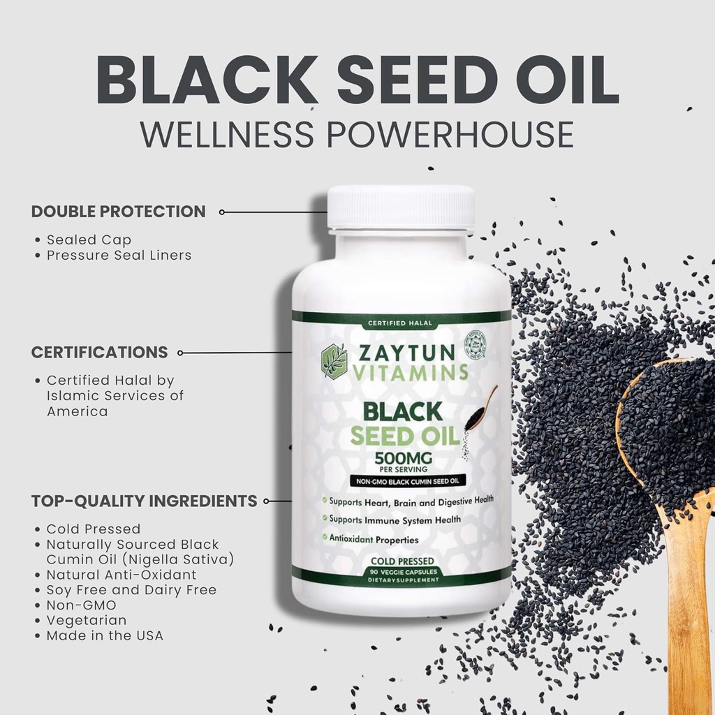 Halal Black Seed Oil, Supports Heart, Brain and Immune Health, Natural Anti-Oxidant, Non-GMO, Cold-Pressed, 90 Veggie Capsules, Made in USA - Halal Vitamins 6