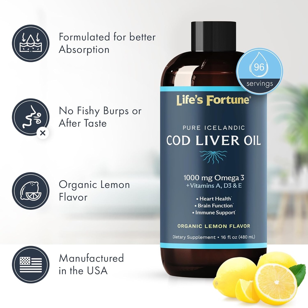 Life's Fortune Cod Liver Oil Liquid Organic Lemon Flavor (8 Oz) 1,000 mg Omega + Vitamin A, E & D3 - Supports Immune Health - 100% Fish Oil Supplement from Wild Ocean Cod-GMO Free 3