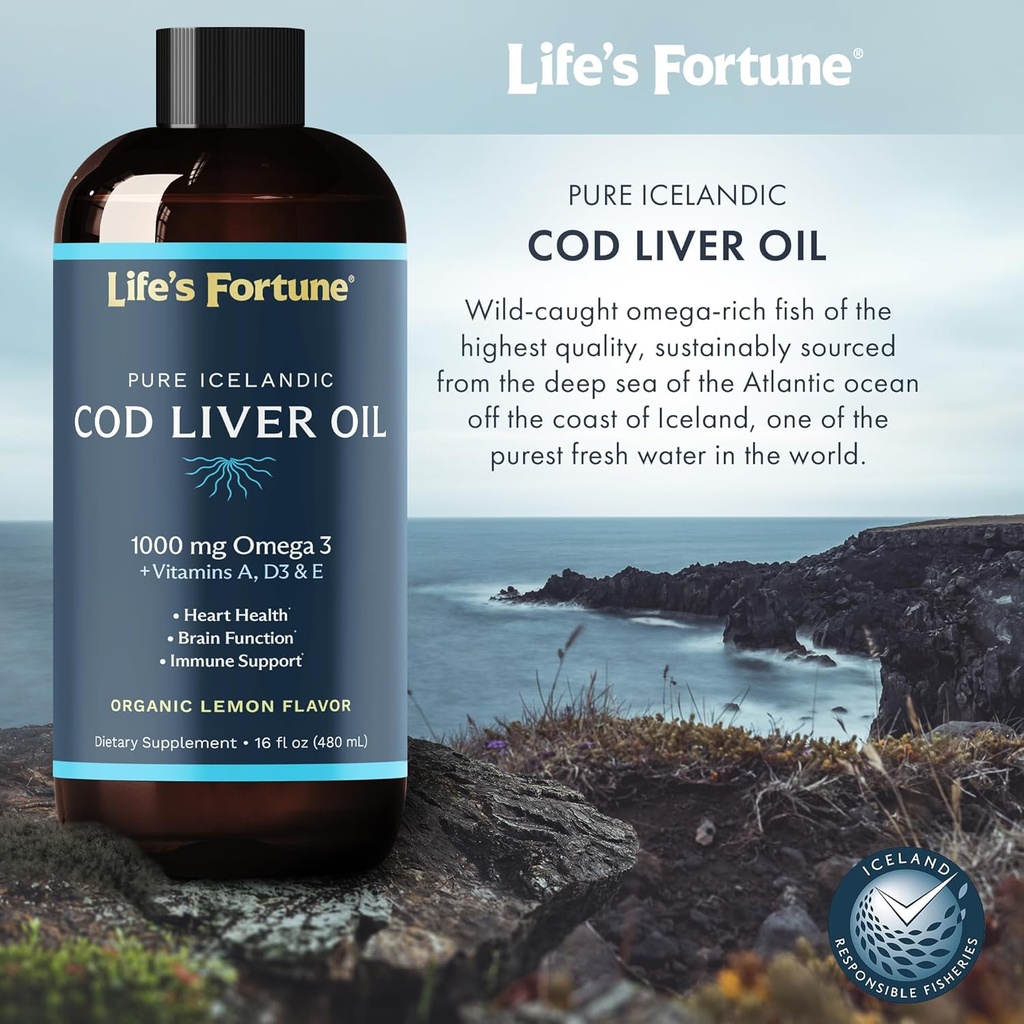 Life's Fortune Cod Liver Oil Liquid Organic Lemon Flavor (8 Oz) 1,000 mg Omega + Vitamin A, E & D3 - Supports Immune Health - 100% Fish Oil Supplement from Wild Ocean Cod-GMO Free 5