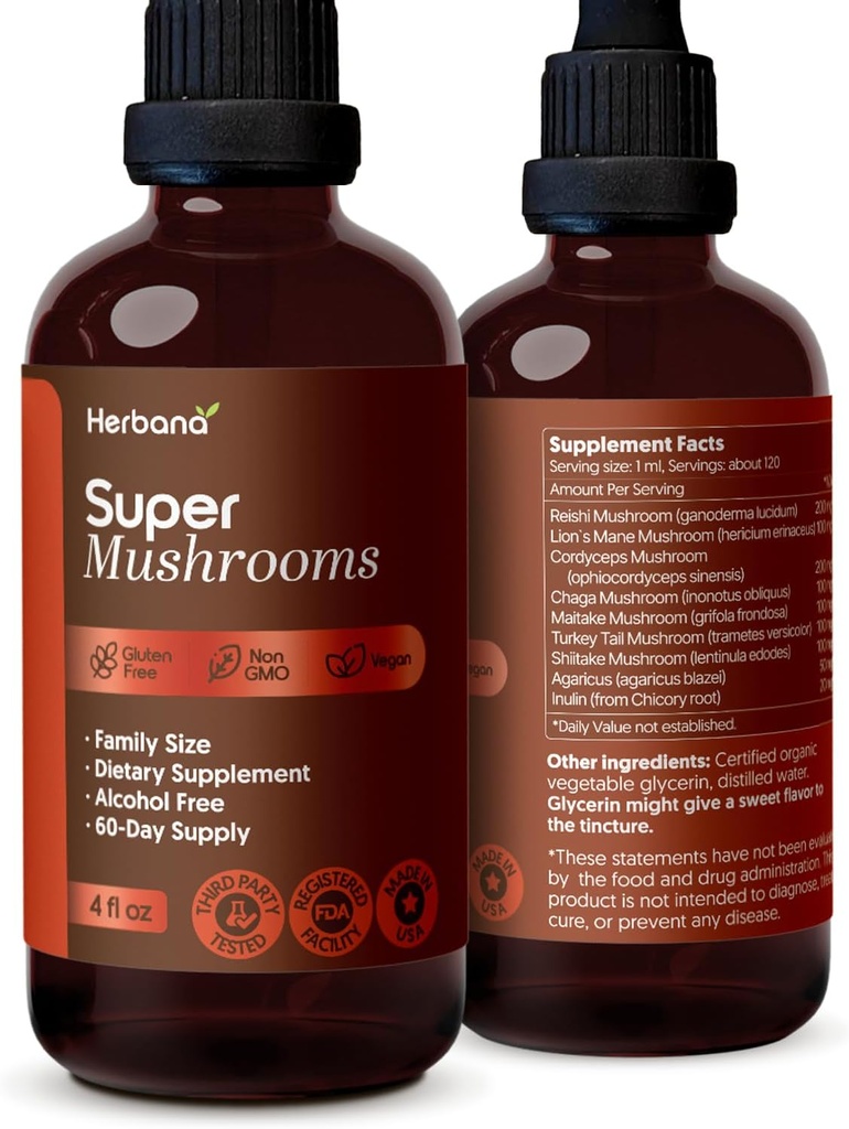 Super Mushrooms 8-in1 - 4 fl oz Liquid Extract - Brain Booster & Immune Support Drops - Reishi, Lion`s Mane, Cordyceps, Chaga, Mitake, Turkey Tails, Shiitake, Agaricus - High Potency - 90-Day Supply 2