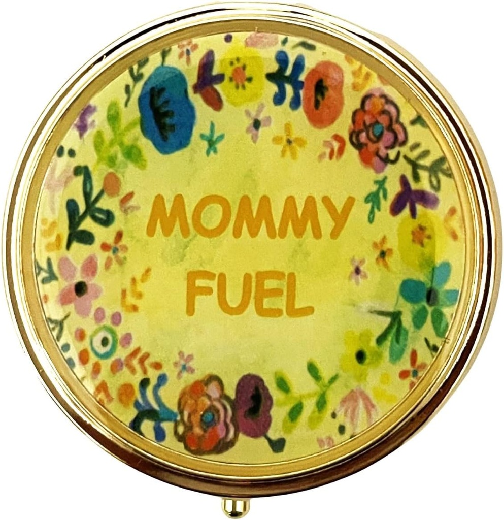 AmyZone Metal Pill Organizer Travel Friendly Portable Compact Pill Box Cute Pill Case to Hold Vitamins/Tylenol/Fish Oil/Supplements/Meds/Tablet for Purse/Pocket(Mommy Fuel-Round) 2