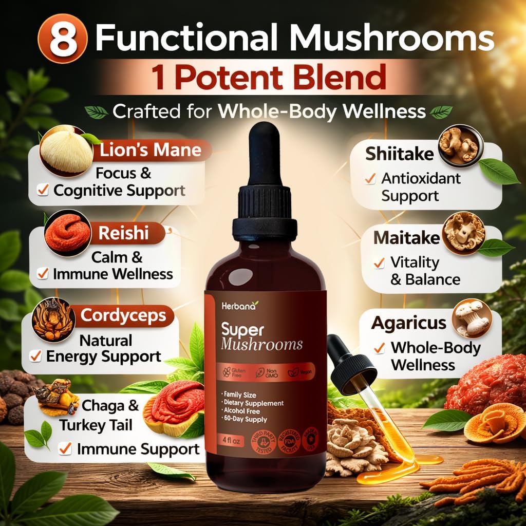 Super Mushrooms 8-in1 - 4 fl oz Liquid Extract - Brain Booster & Immune Support Drops - Reishi, Lion`s Mane, Cordyceps, Chaga, Mitake, Turkey Tails, Shiitake, Agaricus - High Potency - 90-Day Supply 4