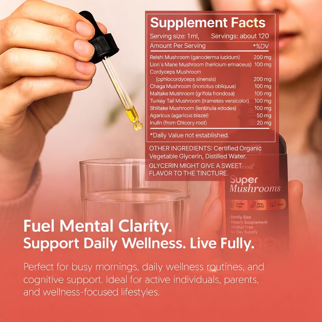 Super Mushrooms 8-in1 - 4 fl oz Liquid Extract - Brain Booster & Immune Support Drops - Reishi, Lion`s Mane, Cordyceps, Chaga, Mitake, Turkey Tails, Shiitake, Agaricus - High Potency - 90-Day Supply 6