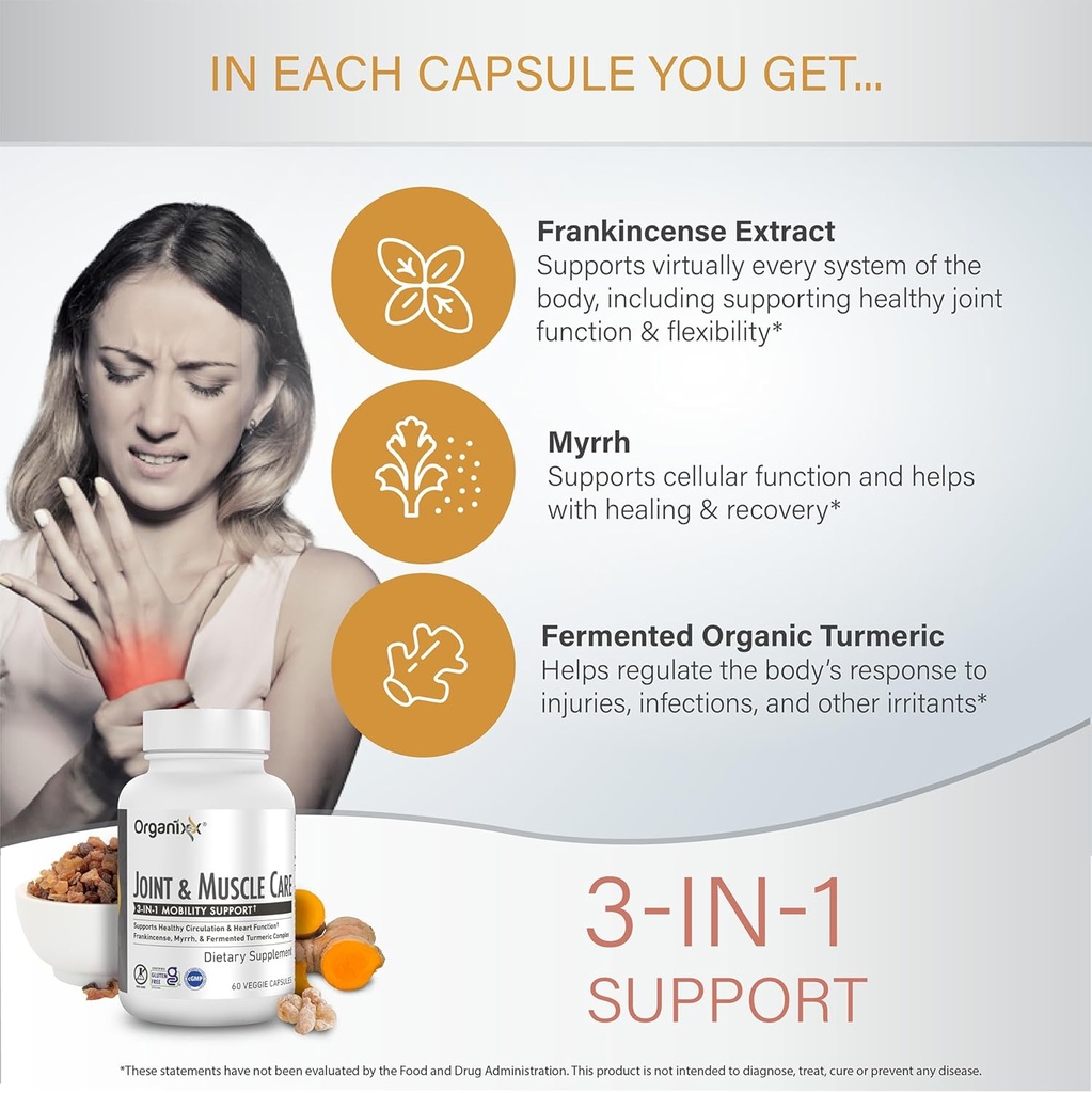 Organixx Joint & Muscle Care Organic Turmeric Supplement, 3-in-1 Frankincense, Turmeric and Myrrh Joint Health & Joint Support Supplement Body Care Capsules, Supports Swelling, Tension, 60 Capsules 4