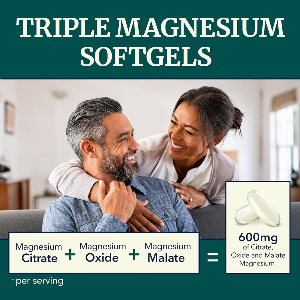 Triple Magnesium Softgels | Citrate, Malate, & Oxide | Highly Absorbable Magnesium Supplement for Digestion, Calm, Leg Cramps, & Sleep Support | 300mg Complex | Easy to Swallow Soft Gels | 60 Count 3