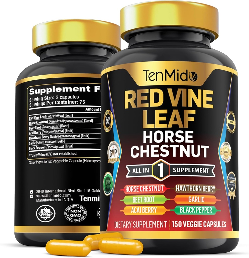 Red Vine Leaf Extract Supplement - 7in1 Formula - Combine with Horse Chestnut, Beet Root, Acai Berry, Hawthorn Berry, Garlic, and Black Pepper - 150 Capsules for 75 Days Supply 2