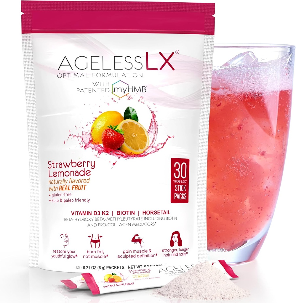 AgelessLX Powder Supplement for Women - with HMB Collagen Enhancer Plus Vitamin D3 with K2, Horsetail and Biotin for Lean Muscle and Stronger Hair and Nails - 30 Powder Packets Strawberry Lemonade 2