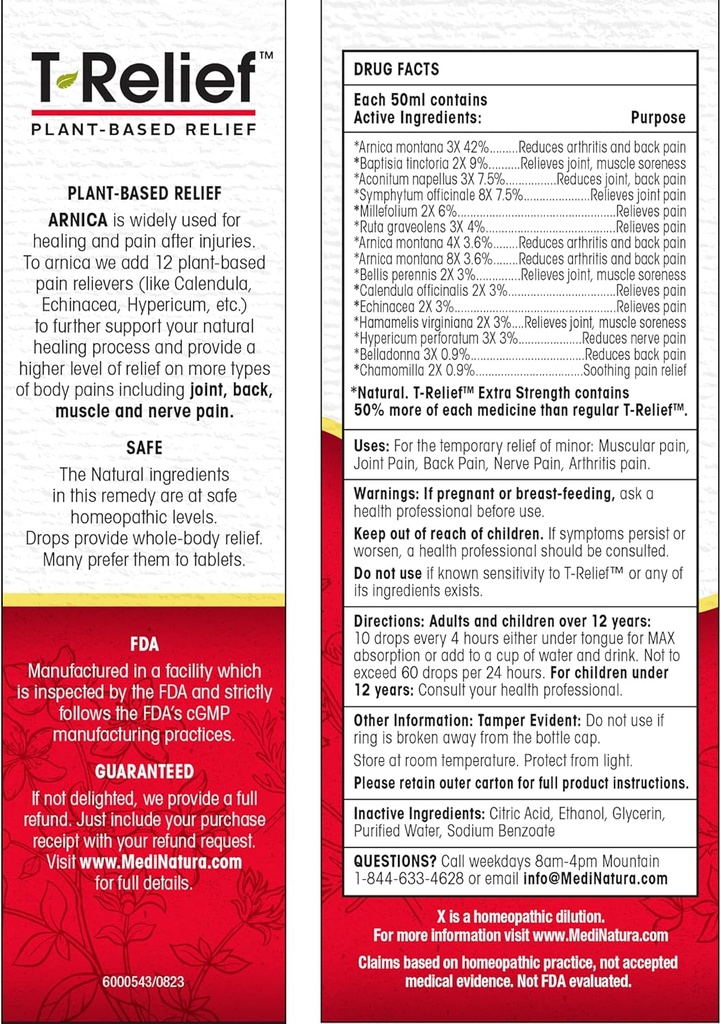 MediNatura T-Relief Extra Strength Oral Drops Arnica +12 Fast-Acting Natural Relieving Actives for Back Neck Joint Muscle Hand & Foot Aches Pains & Soreness - 1.69 oz 3