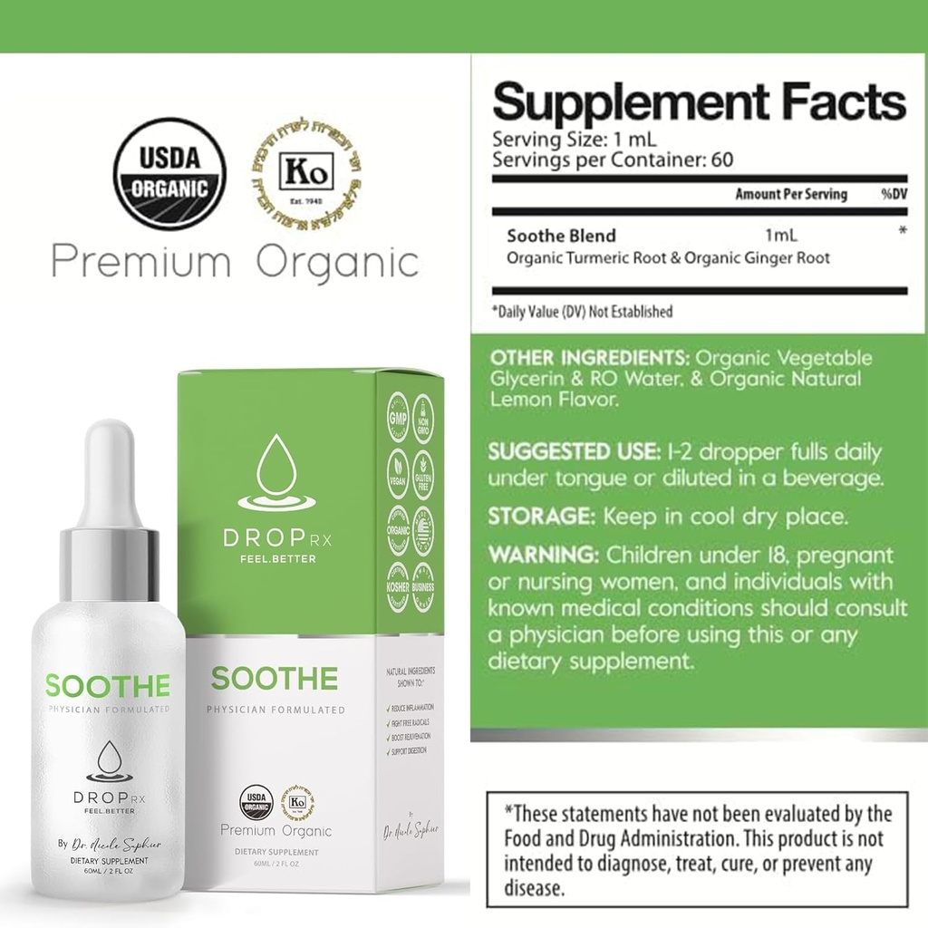 DropRx Soothe by Dr. Nicole Saphier – Organic Turmeric & Ginger Root Liquid Extract, Supports Digestion & Wellness, Non-GMO, Vegan, Gluten-Free, Kosher, Made in USA (2 Fl Oz) 5