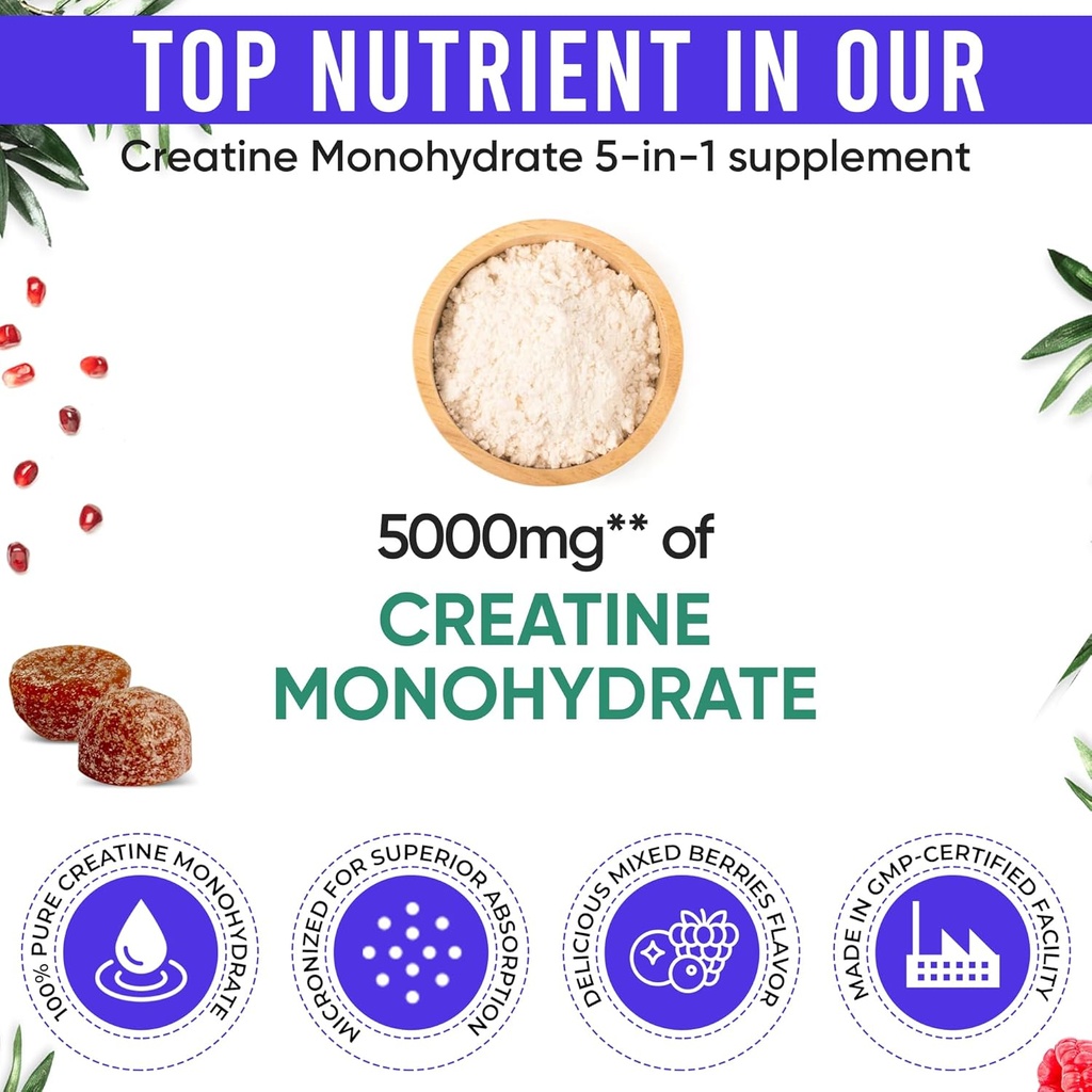 Adndale Creatine Monohydrate Gummies for Men & Women, 5000mg per Serving Creatine Supplement with Beta-Alanine, L-Citrulline & B12 - 75 Vegan Gummies. Sugar-Free 3