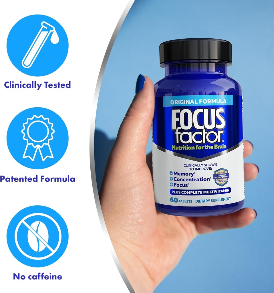 Focus Factor Nutrition for The Brain, Improved Memory & Concentration Brain Supplement, Complete Multivitamin with Vitamins B6, B12, D, Bacopa Monnieri & Tyrosine, 60 Count (2 Pack) 5